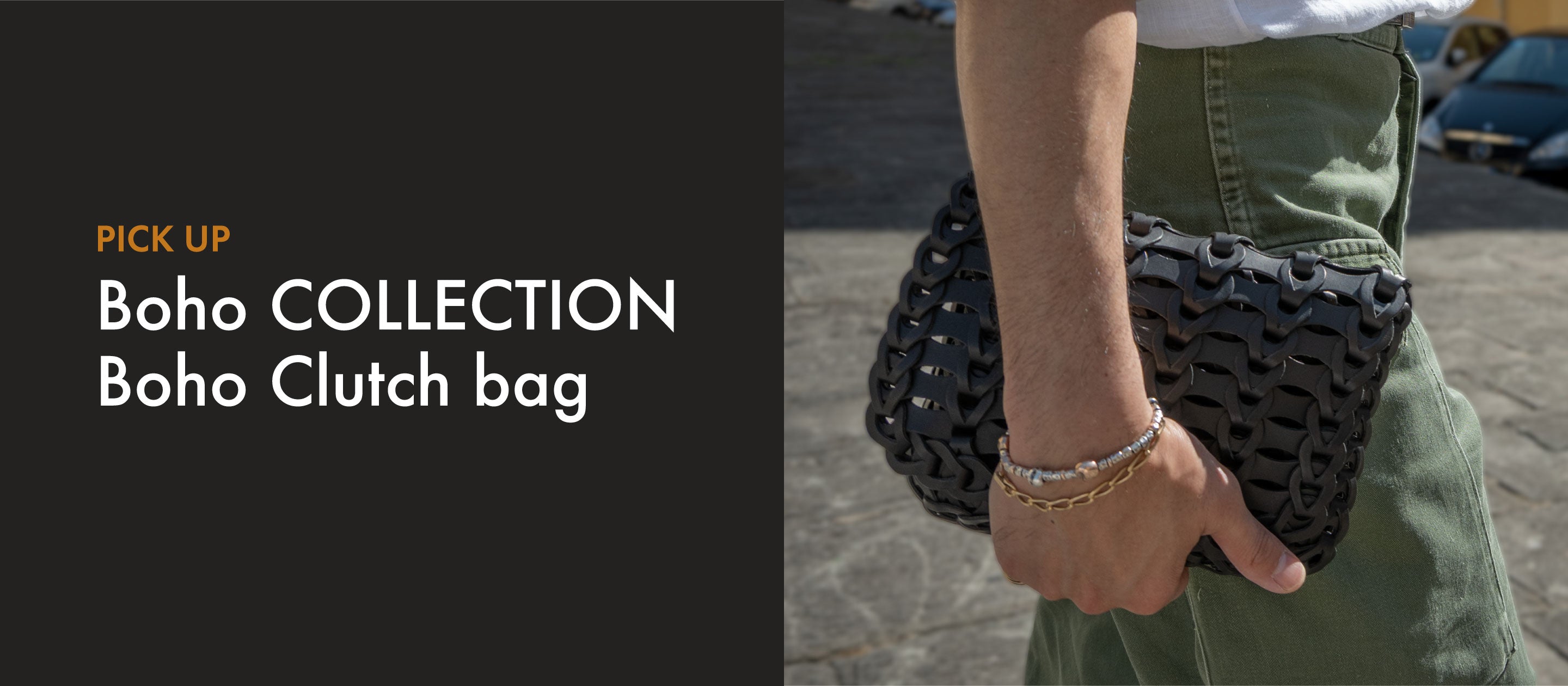 il micio Boho クラッチバッグ ブラック レザーメッシュ 手持ちスタイリング フィレンツェ